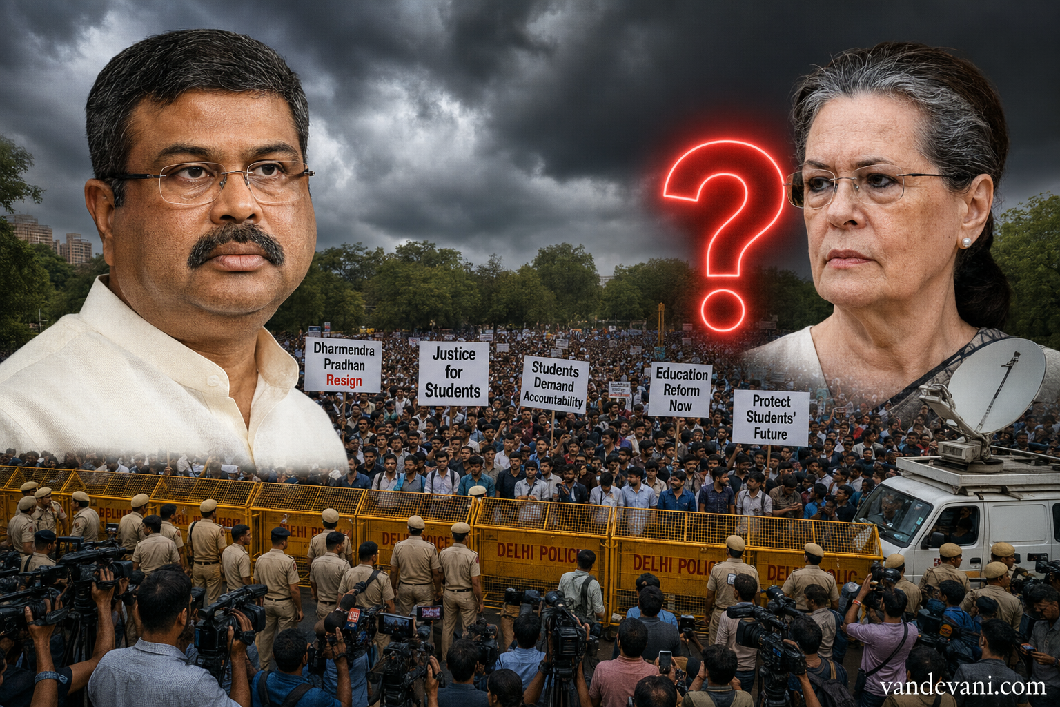 जंतर-मंतर प्रदर्शन के बीच धर्मेंद्र प्रधान और सोनिया गांधी का संपादकीय कोलाज